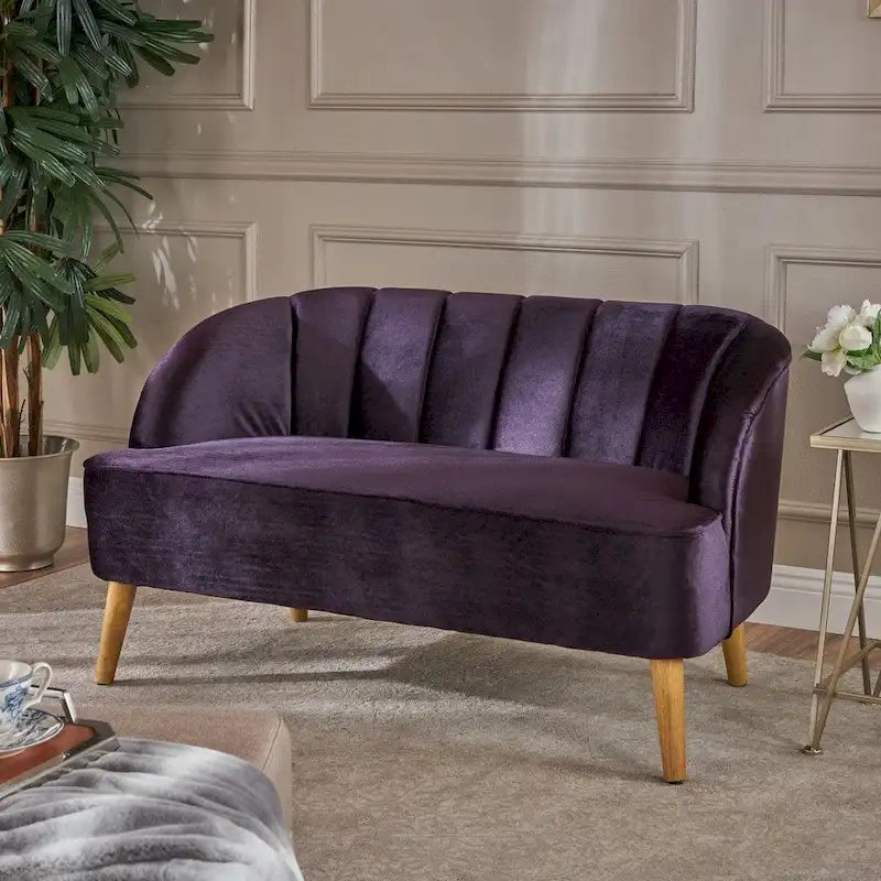 Retro Velvet Loveseat with Channel Tufting and Birch Wood Legs