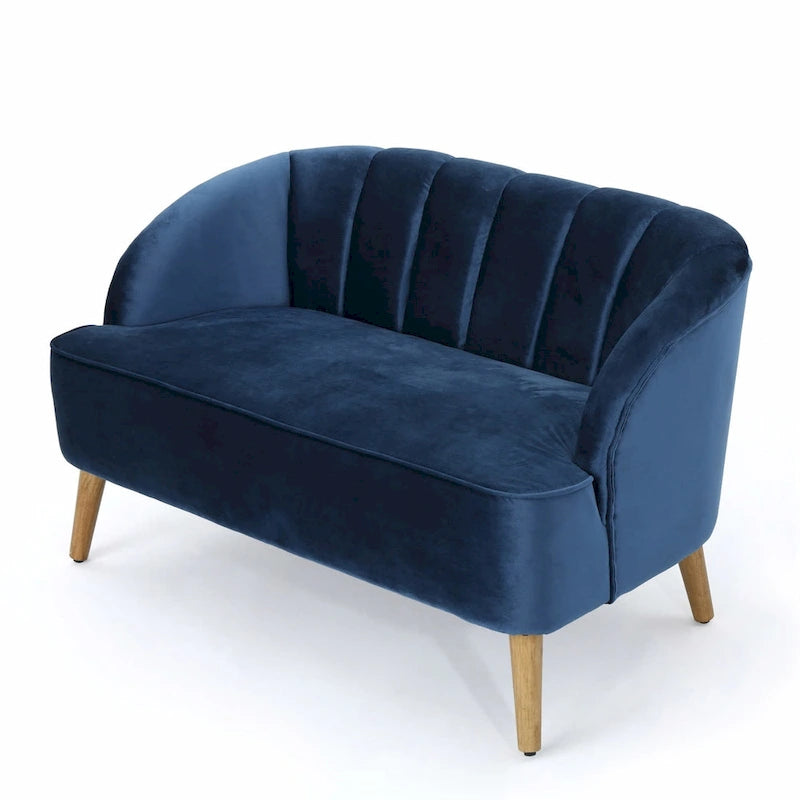 Retro Velvet Loveseat with Channel Tufting and Birch Wood Legs