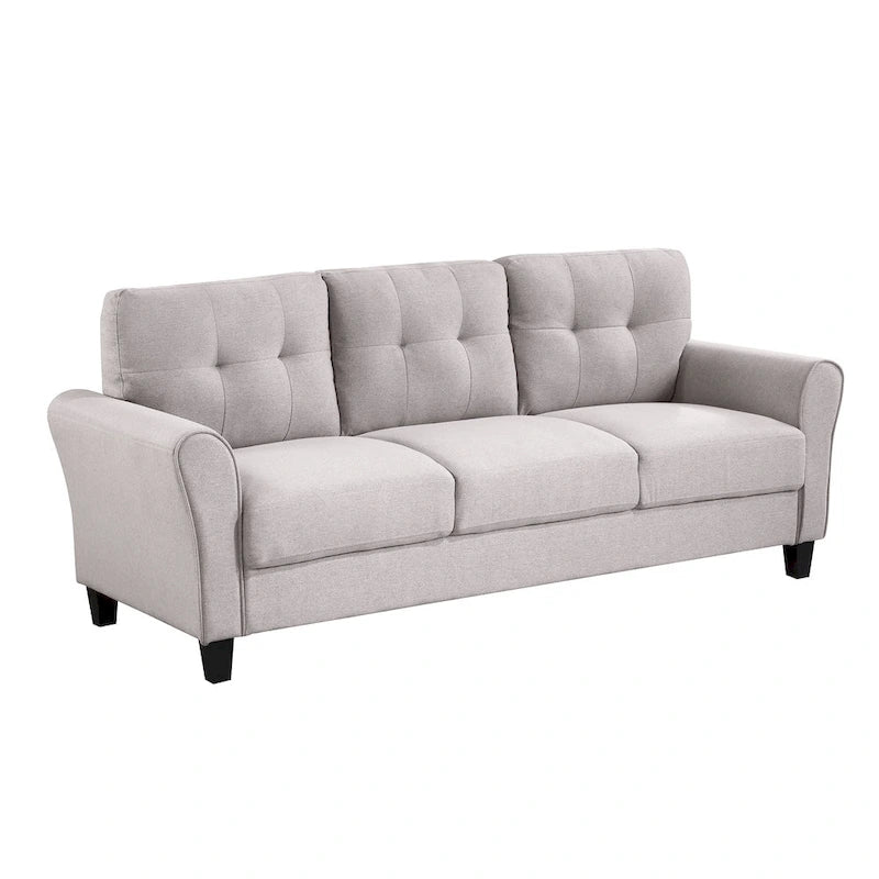Divano rivestito in lino grigio con cuscini in schiuma