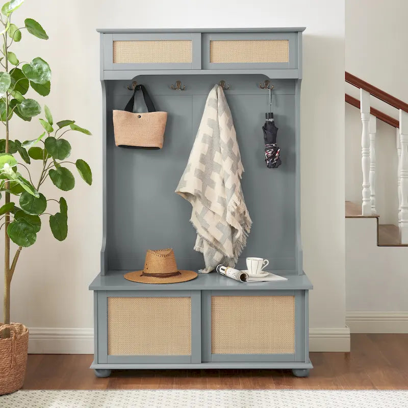 Entryway Hall Tree with Rattan Door, Bench and Shoe Storage