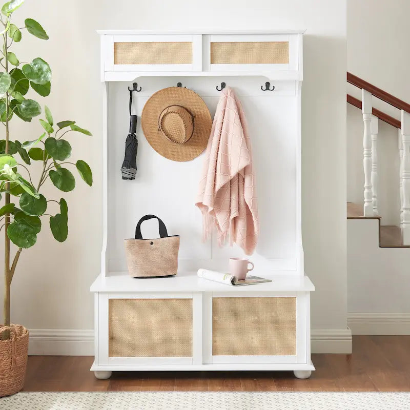 Entryway Hall Tree with Rattan Door, Bench and Shoe Storage