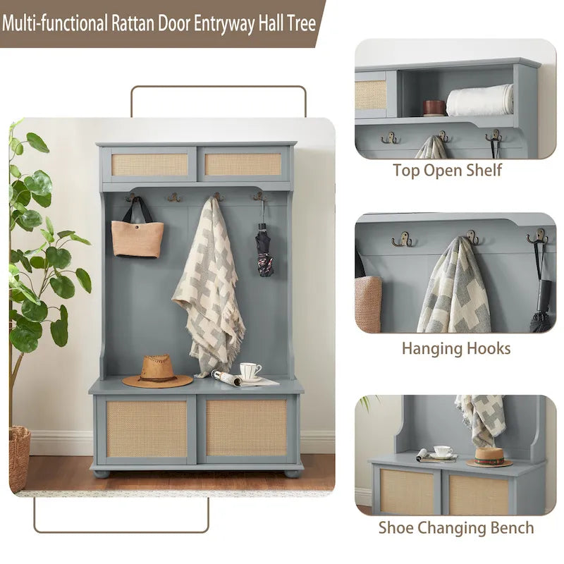 Entryway Hall Tree with Rattan Door, Bench and Shoe Storage