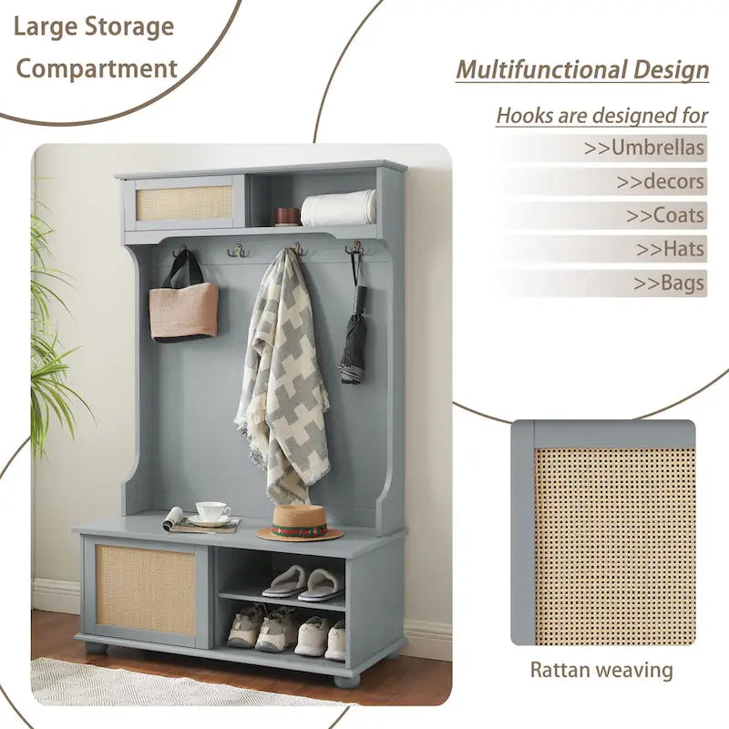 Entryway Hall Tree with Rattan Door, Bench and Shoe Storage