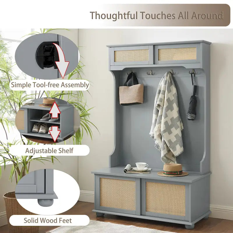 Entryway Hall Tree with Rattan Door, Bench and Shoe Storage