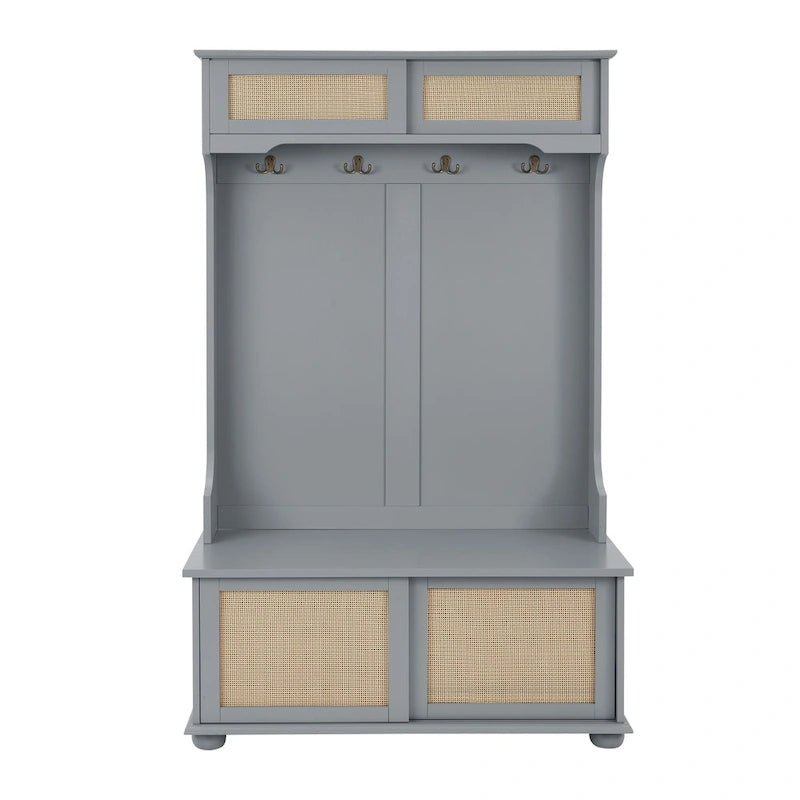 Entryway Hall Tree with Rattan Door, Bench and Shoe Storage