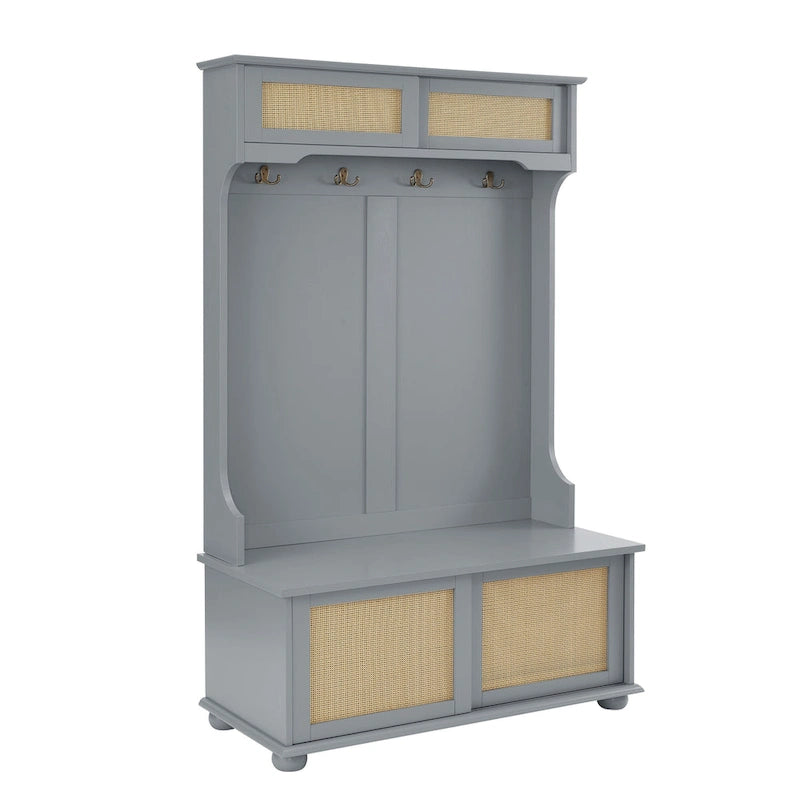 Entryway Hall Tree with Rattan Door, Bench and Shoe Storage