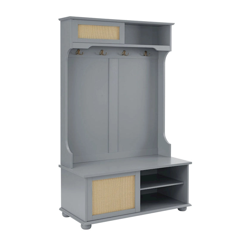 Entryway Hall Tree with Rattan Door, Bench and Shoe Storage