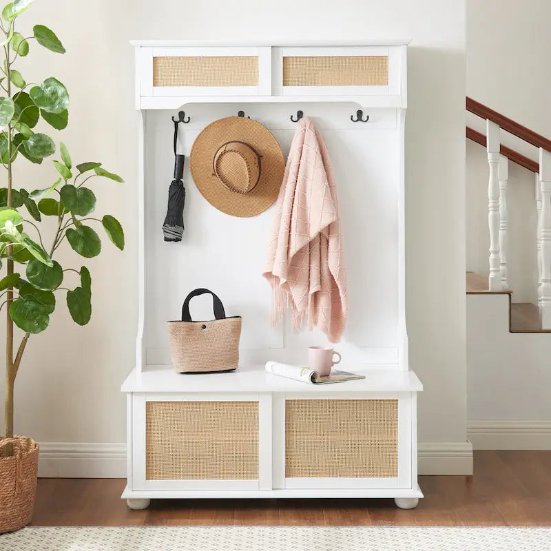 Entryway Hall Tree with Rattan Door, Bench and Shoe Storage