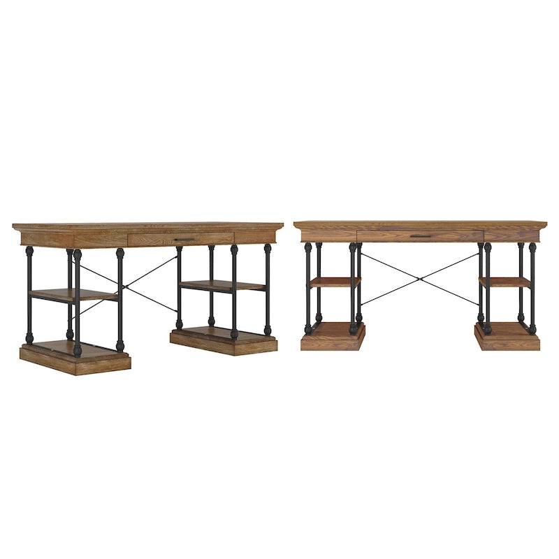 59-Inch Rustic Writing Desk with Keyboard Drawer and Four Shelves