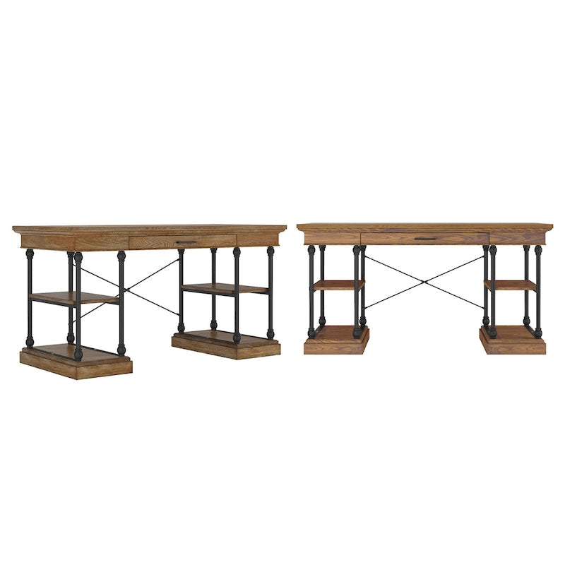 59-Inch Rustic Writing Desk with Keyboard Drawer and Four Shelves