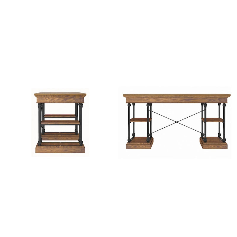 59-Inch Rustic Writing Desk with Keyboard Drawer and Four Shelves