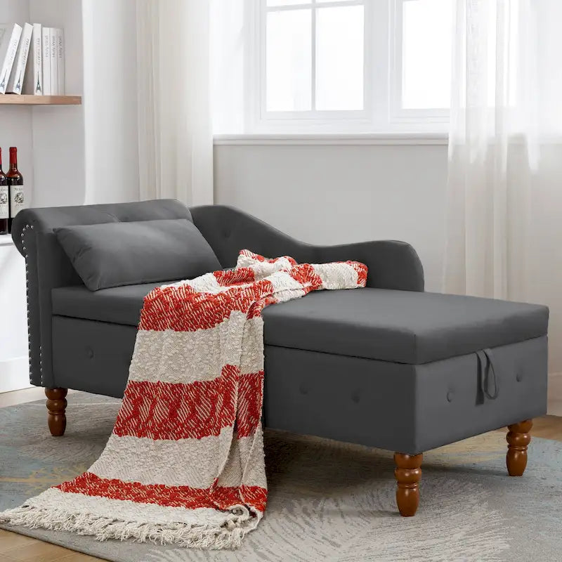 Velvet Chaise Lounge with Hidden Storage and Pillow