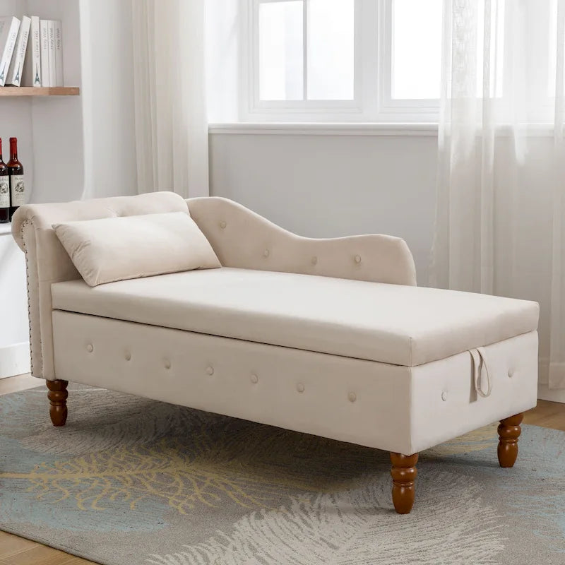 Chaise Lounge Indoor,Velvet Lounge Chair for Bedroom with Storage & Pillow,Modern Upholstered Rolled Arm Chase Lounge