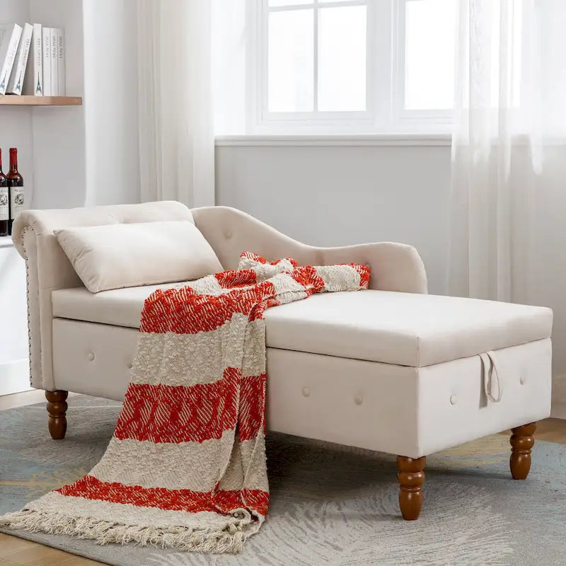 Velvet Chaise Lounge with Hidden Storage and Pillow