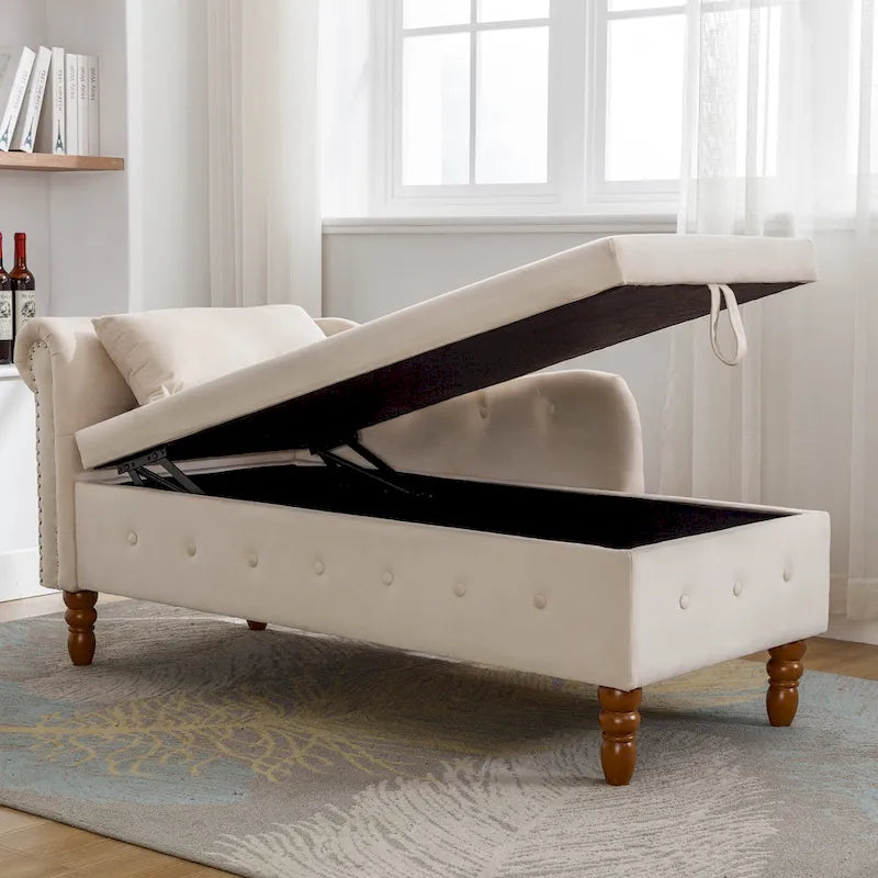 Velvet Chaise Lounge with Hidden Storage and Pillow