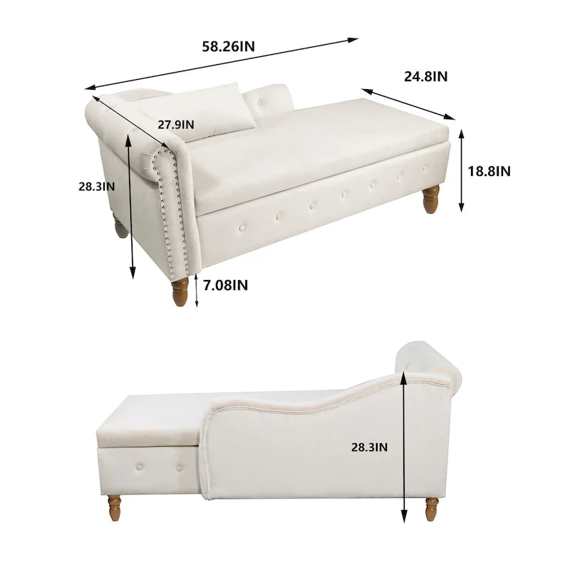 Chaise longue de veludo com arrumação oculta e almofada