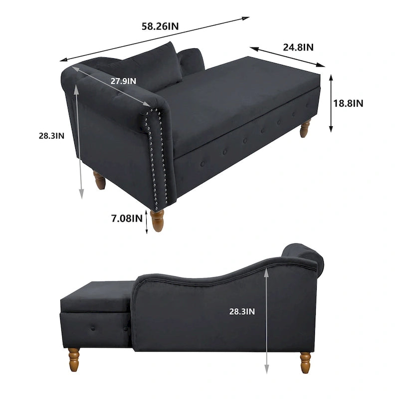 Chaise longue de veludo com arrumação oculta e almofada