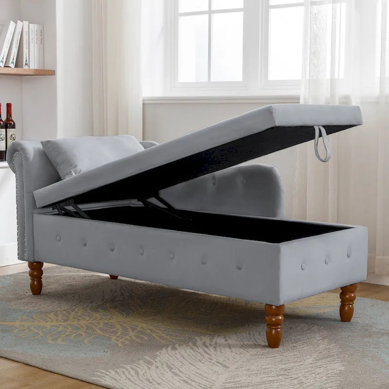 Chaise longue de veludo com arrumação oculta e almofada