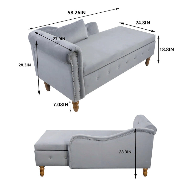 Chaise longue de veludo com arrumação oculta e almofada