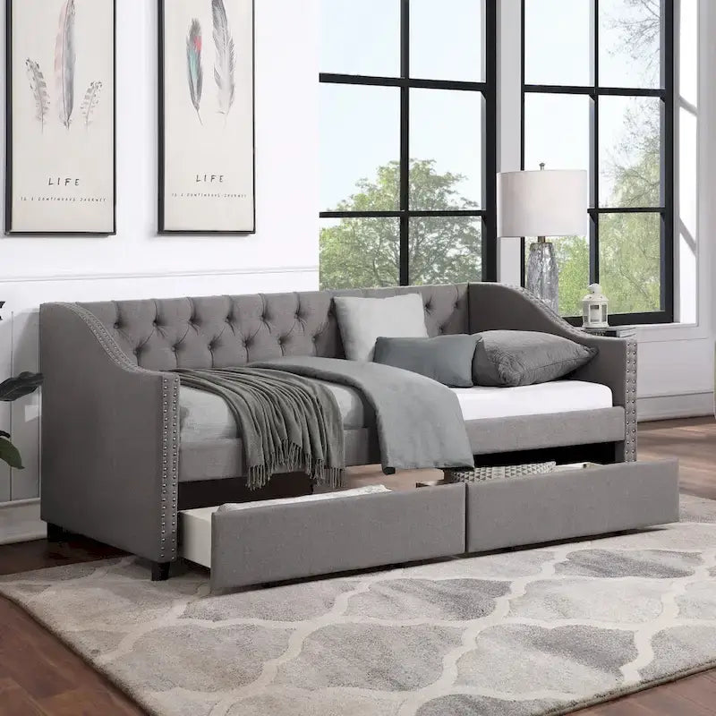 Twin Gray Upholstered Daybed with Two Storage Drawers