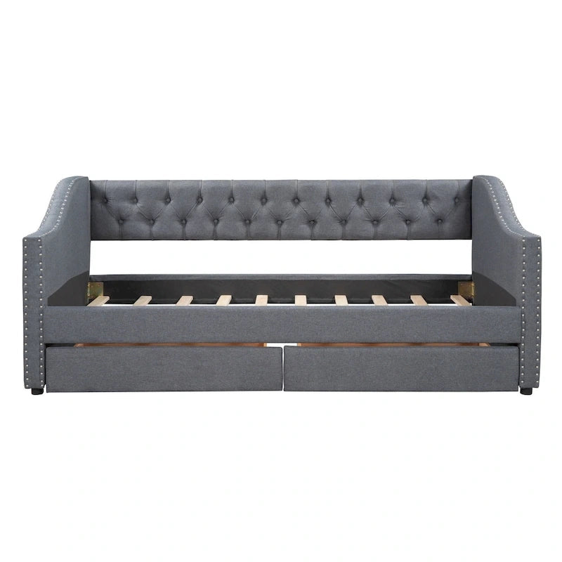 Twin Gray Upholstered Daybed with Two Storage Drawers