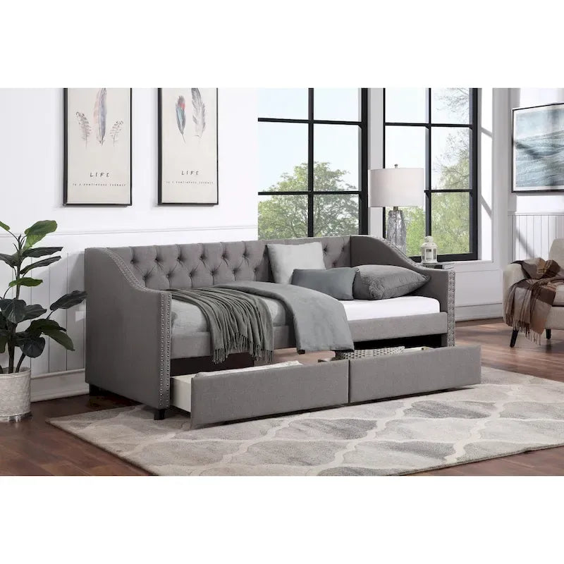Twin Gray Upholstered Daybed with Two Storage Drawers