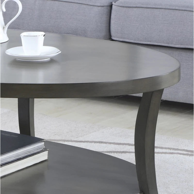 Gray Oval Coffee Table with Birch Veneer Top and Lower Shelf