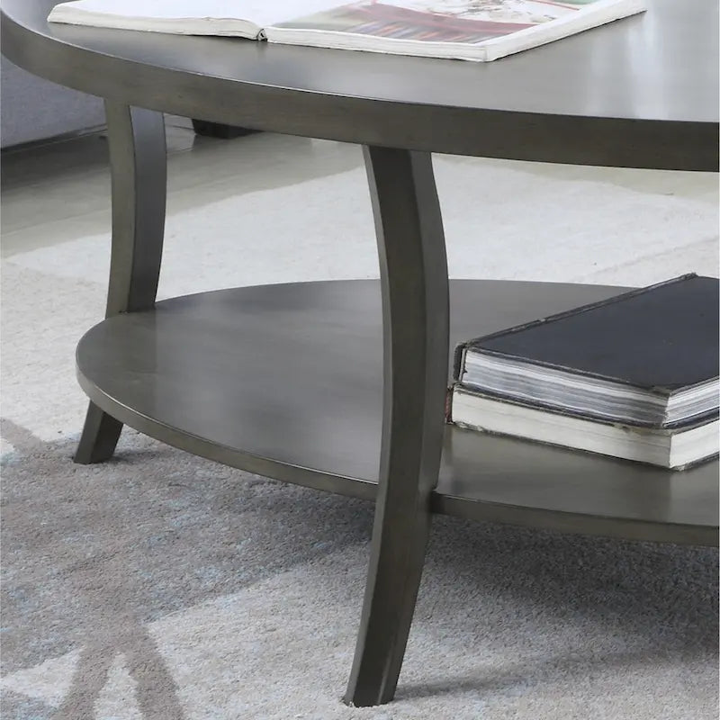 Gray Oval Coffee Table with Birch Veneer Top and Lower Shelf