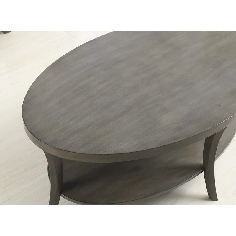 Gray Oval Coffee Table with Birch Veneer Top and Lower Shelf