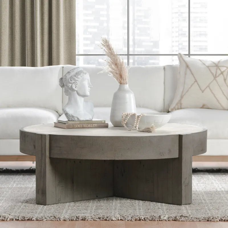 52-Inch Round Reclaimed Pine Coffee Table with Concrete Laminate Top