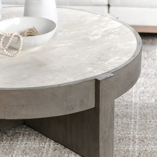 52-Inch Round Reclaimed Pine Coffee Table with Concrete Laminate Top