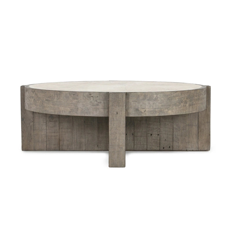 52-Inch Round Reclaimed Pine Coffee Table with Concrete Laminate Top