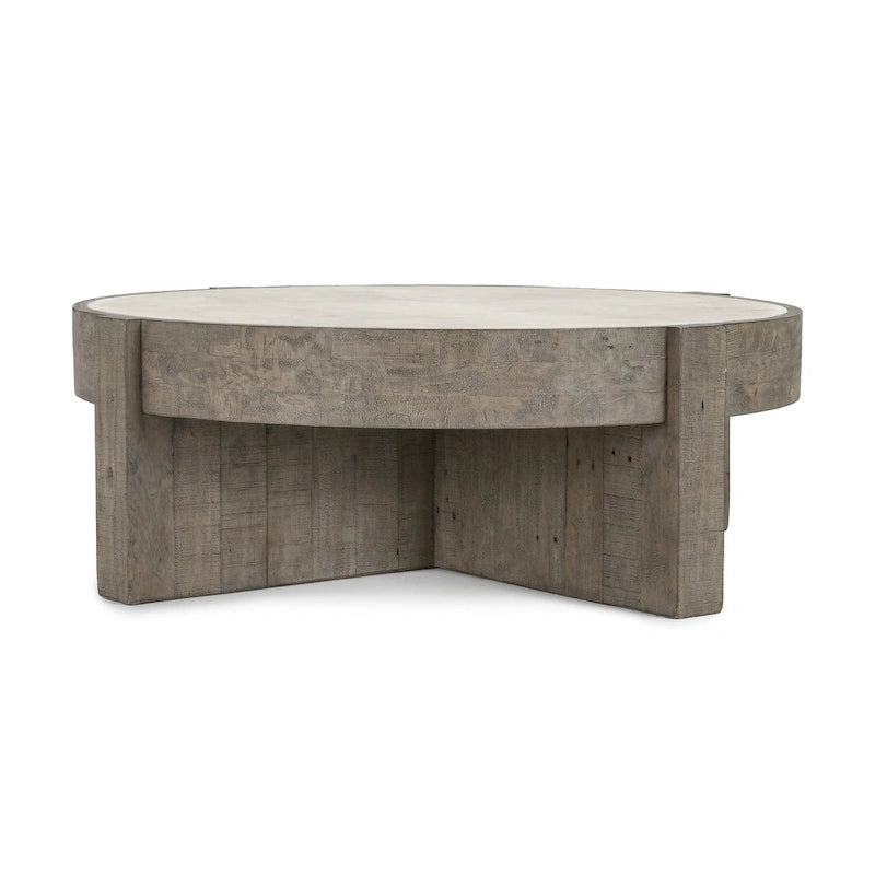 52-Inch Round Reclaimed Pine Coffee Table with Concrete Laminate Top