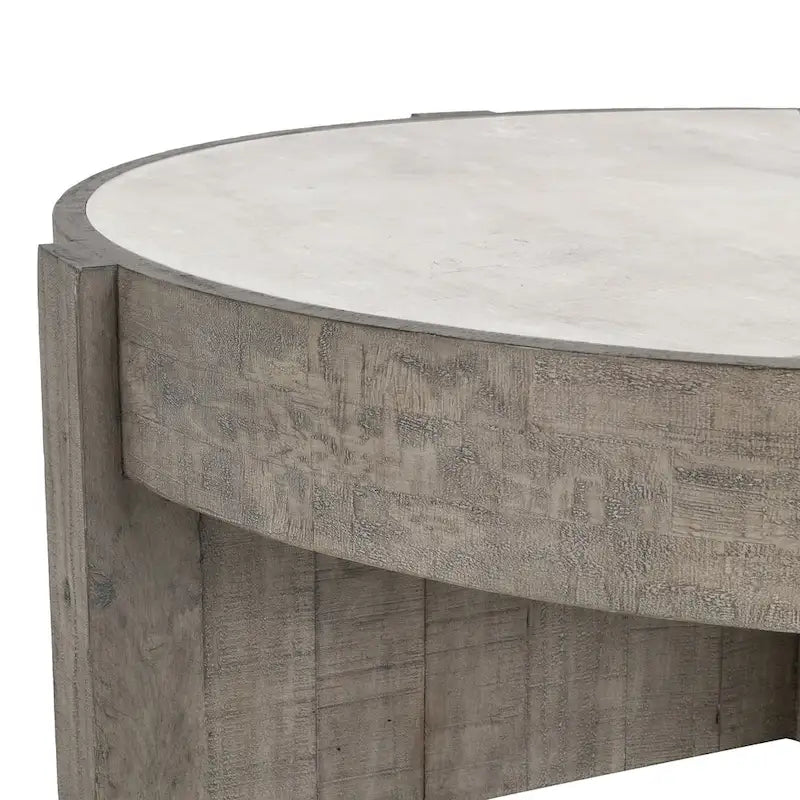 52-Inch Round Reclaimed Pine Coffee Table with Concrete Laminate Top