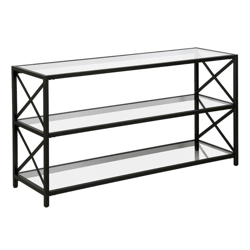 3-Tier Tempered Glass TV Stand with X-Detail Steel Frame