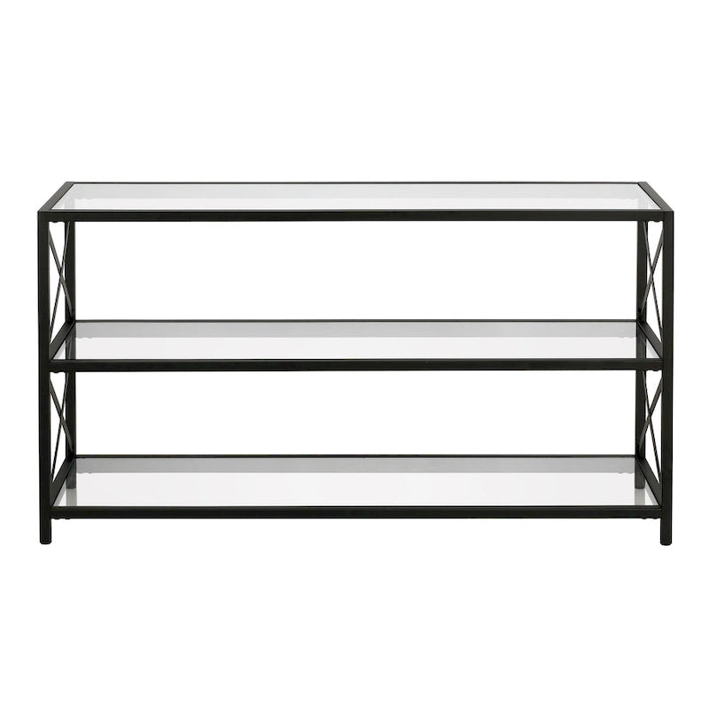 3-Tier Tempered Glass TV Stand with X-Detail Steel Frame