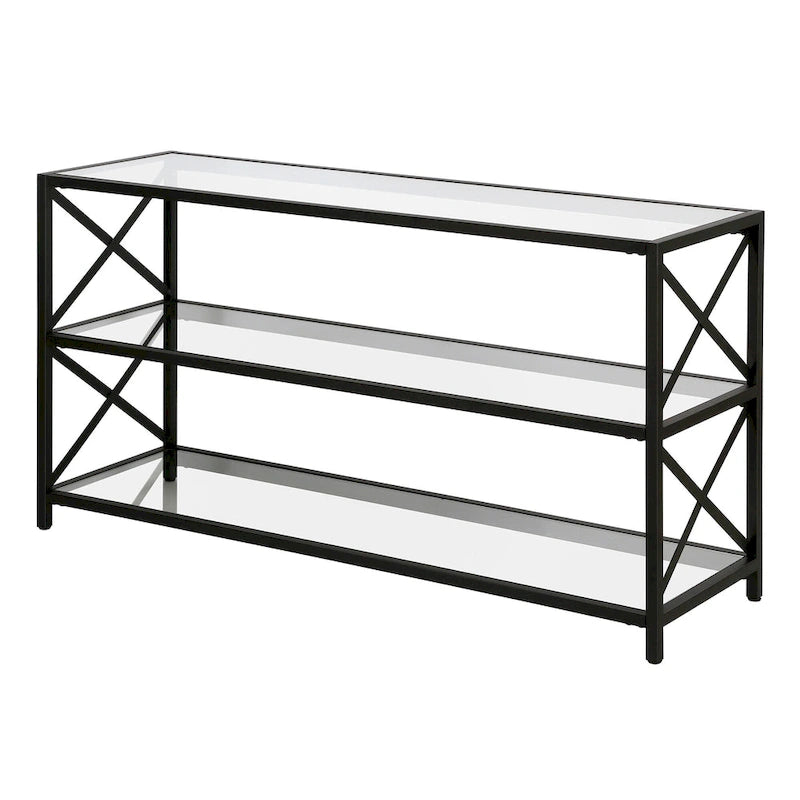 3-Tier Tempered Glass TV Stand with X-Detail Steel Frame