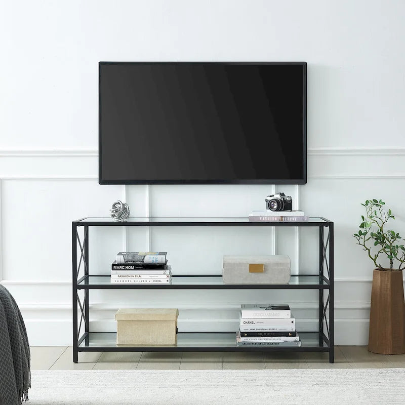 3-Tier Tempered Glass TV Stand with X-Detail Steel Frame