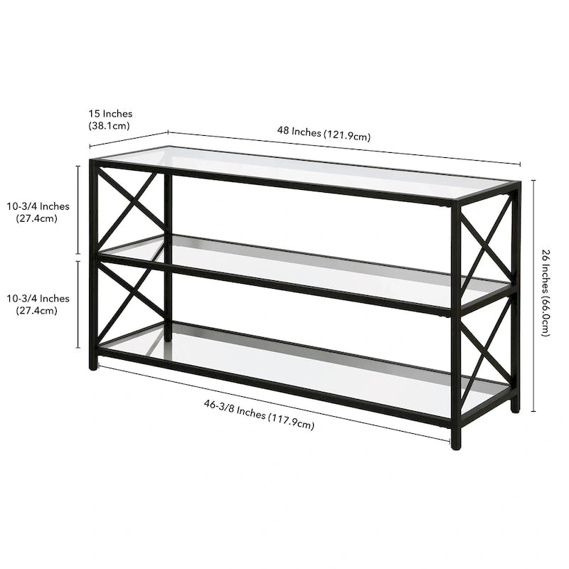 3-Tier Tempered Glass TV Stand with X-Detail Steel Frame