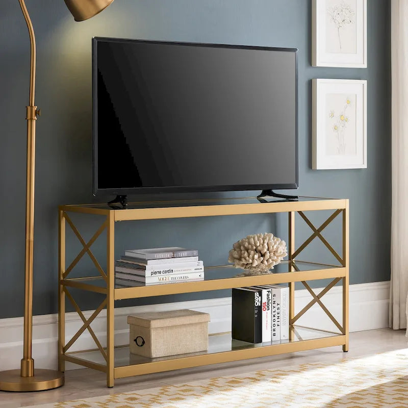3-Tier Tempered Glass TV Stand with X-Detail Steel Frame
