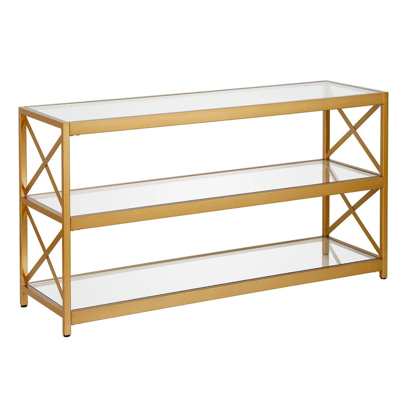 3-Tier Tempered Glass TV Stand with X-Detail Steel Frame