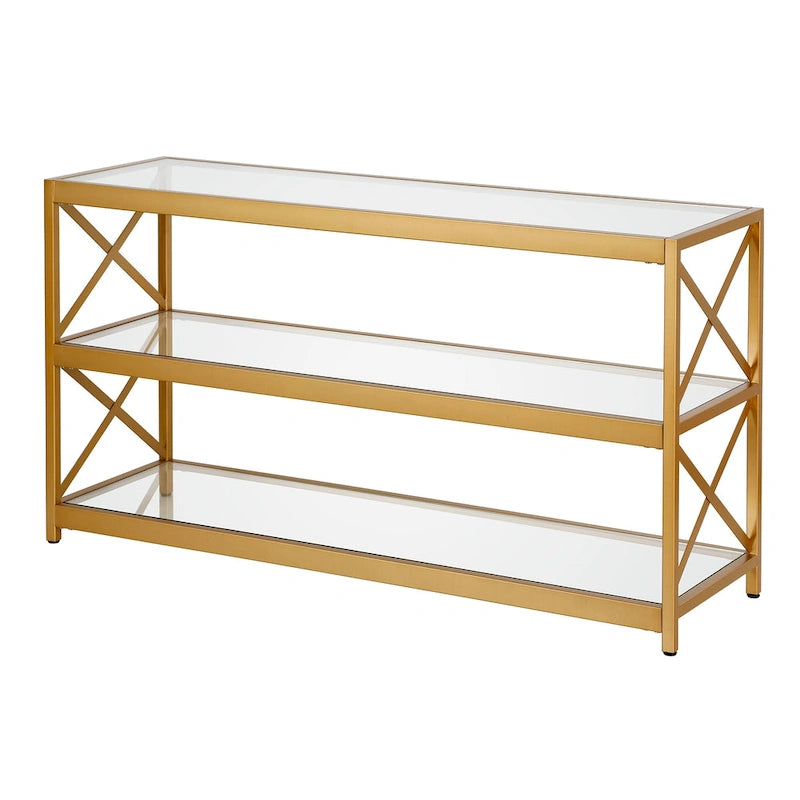 3-Tier Tempered Glass TV Stand with X-Detail Steel Frame