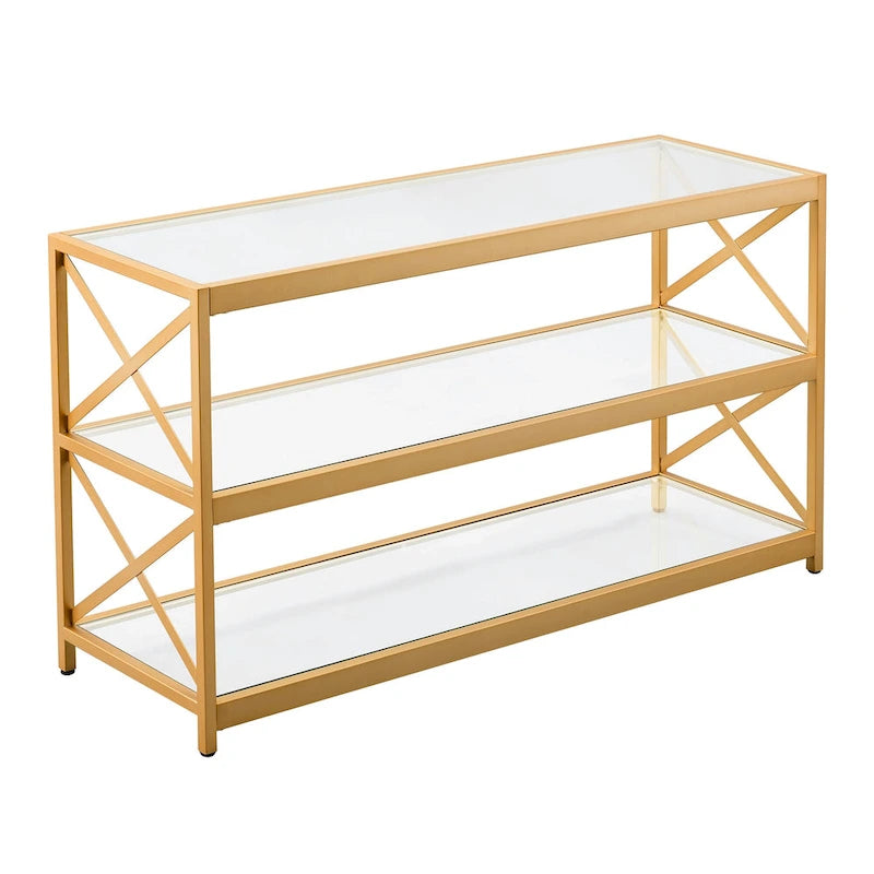 3-Tier Tempered Glass TV Stand with X-Detail Steel Frame