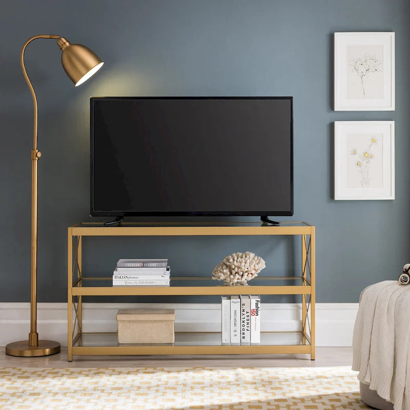 3-Tier Tempered Glass TV Stand with X-Detail Steel Frame