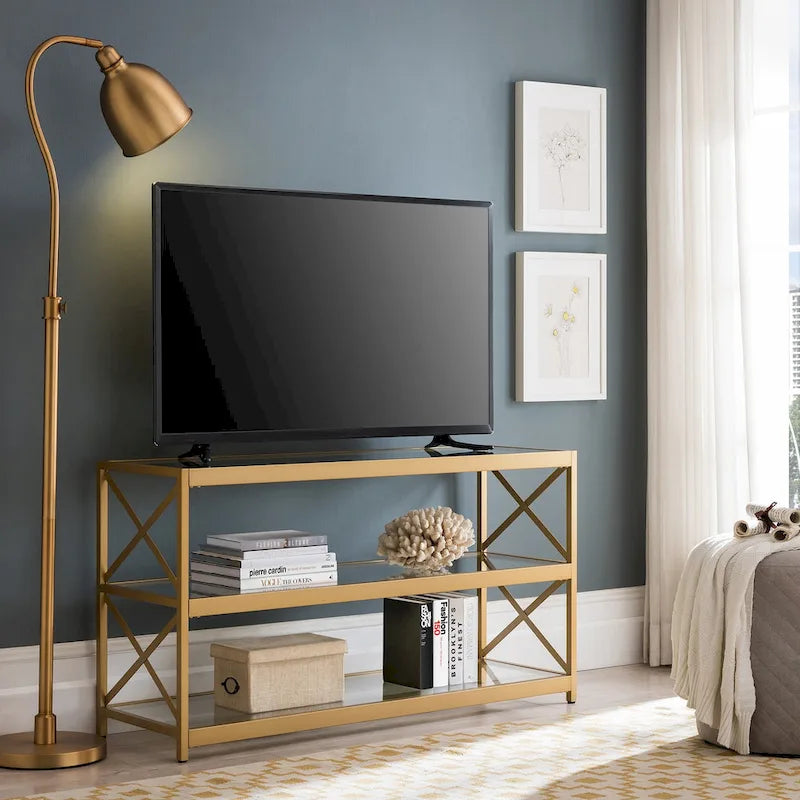 3-Tier Tempered Glass TV Stand with X-Detail Steel Frame