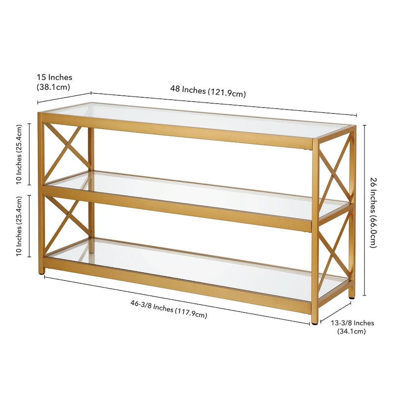 3-Tier Tempered Glass TV Stand with X-Detail Steel Frame