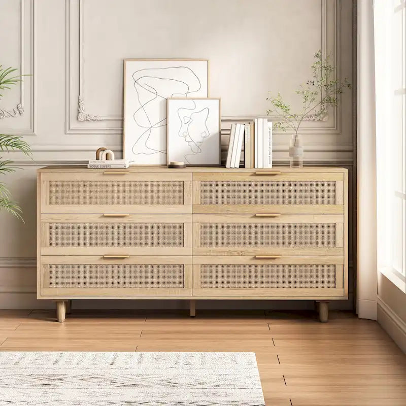 Black 6-Drawer Storage Cabinet with Natural Rattan Fronts