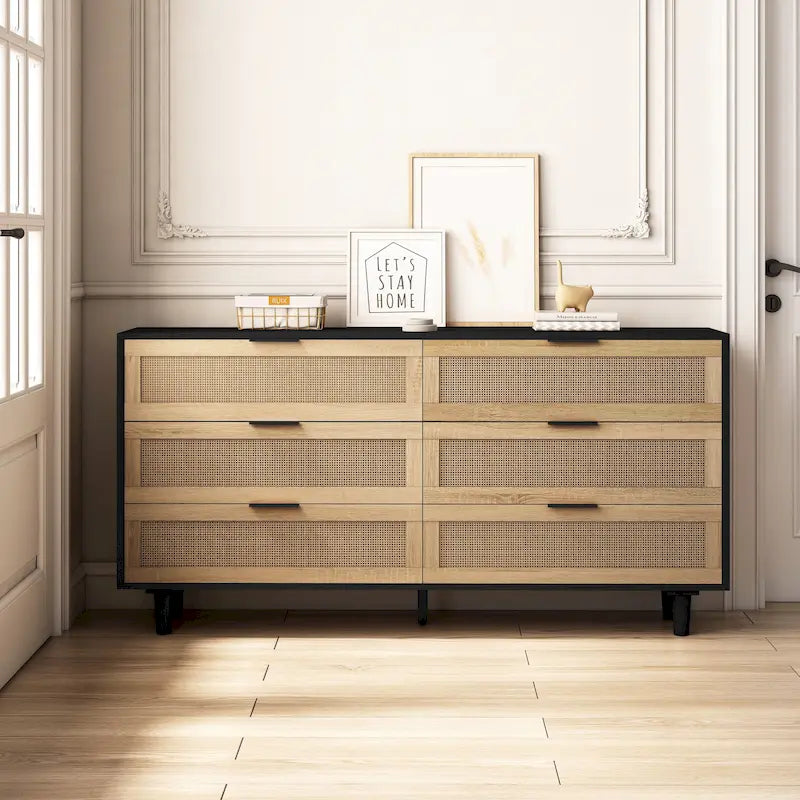 Black 6-Drawer Storage Cabinet with Natural Rattan Fronts