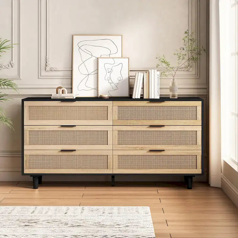 Black 6-Drawer Storage Cabinet with Natural Rattan Fronts