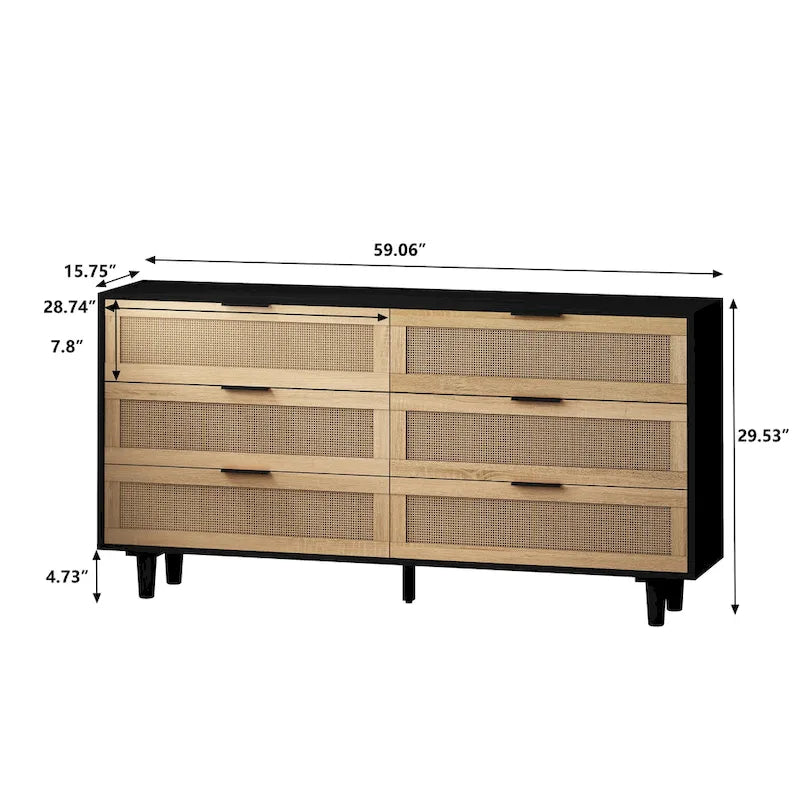 Black 6-Drawer Storage Cabinet with Natural Rattan Fronts